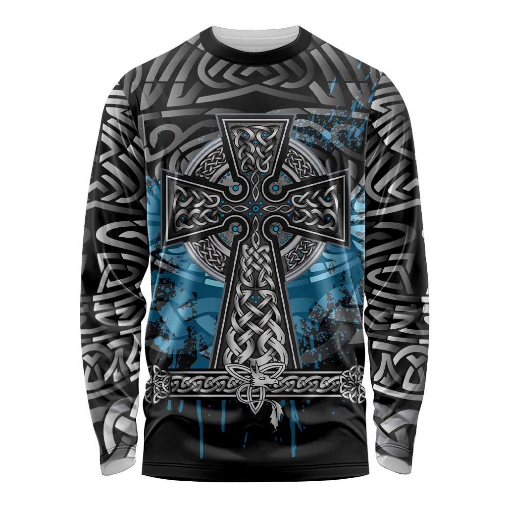 Thor Hammer Viking Long Sleeve Shirt with Celtic Knots and Blue Splatter Norse Heritage Tribute - Wonder Print Shop