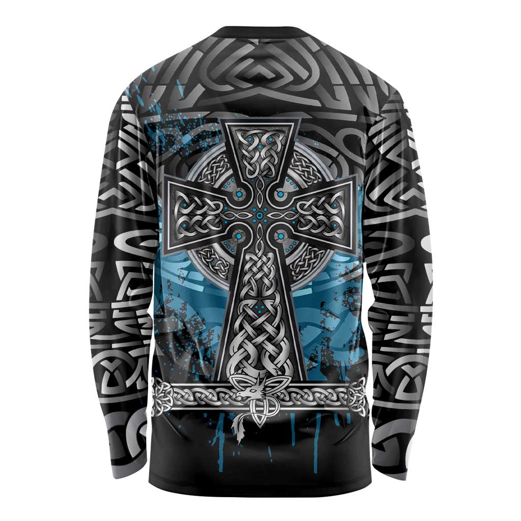 Thor Hammer Viking Long Sleeve Shirt with Celtic Knots and Blue Splatter Norse Heritage Tribute - Wonder Print Shop