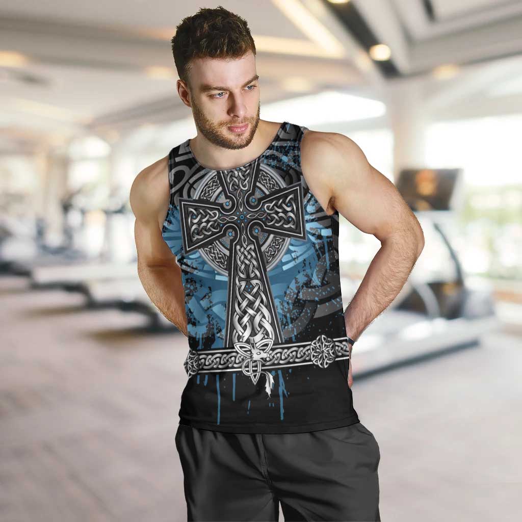 Thor Hammer Viking Men Tank Top with Celtic Knots and Blue Splatter Norse Heritage Tribute - Wonder Print Shop