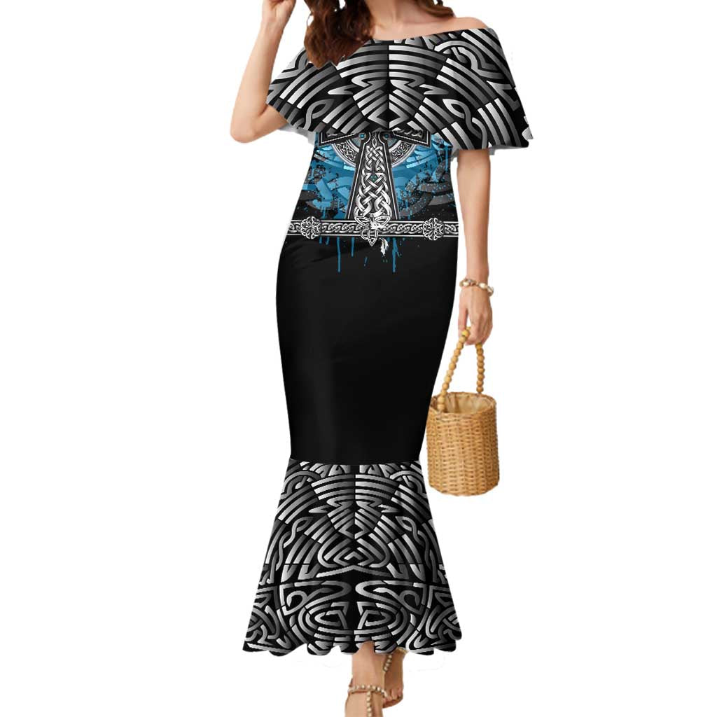 Thor Hammer Viking Mermaid Dress with Celtic Knots and Blue Splatter Norse Heritage Tribute - Wonder Print Shop