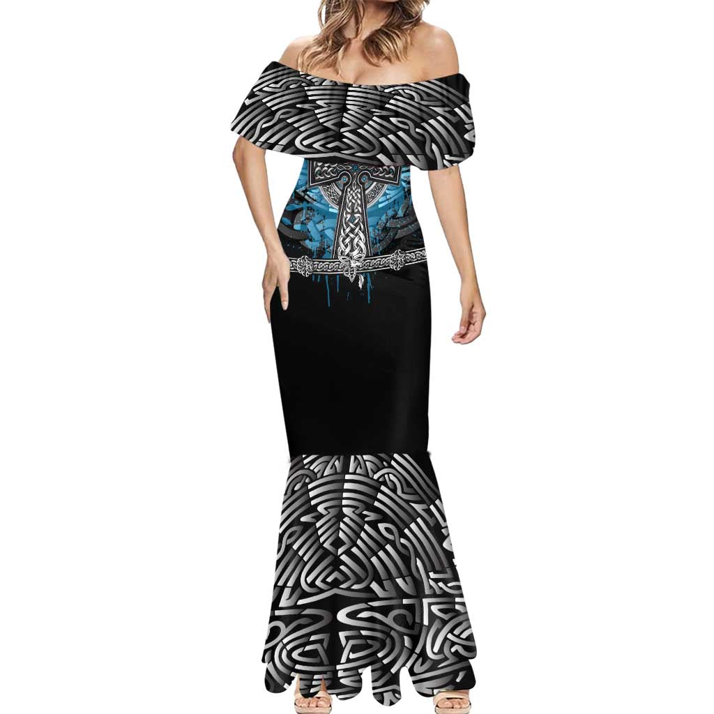 Thor Hammer Viking Mermaid Dress with Celtic Knots and Blue Splatter Norse Heritage Tribute - Wonder Print Shop