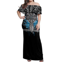 Thor Hammer Viking Off Shoulder Maxi Dress with Celtic Knots and Blue Splatter Norse Heritage Tribute - Wonder Print Shop