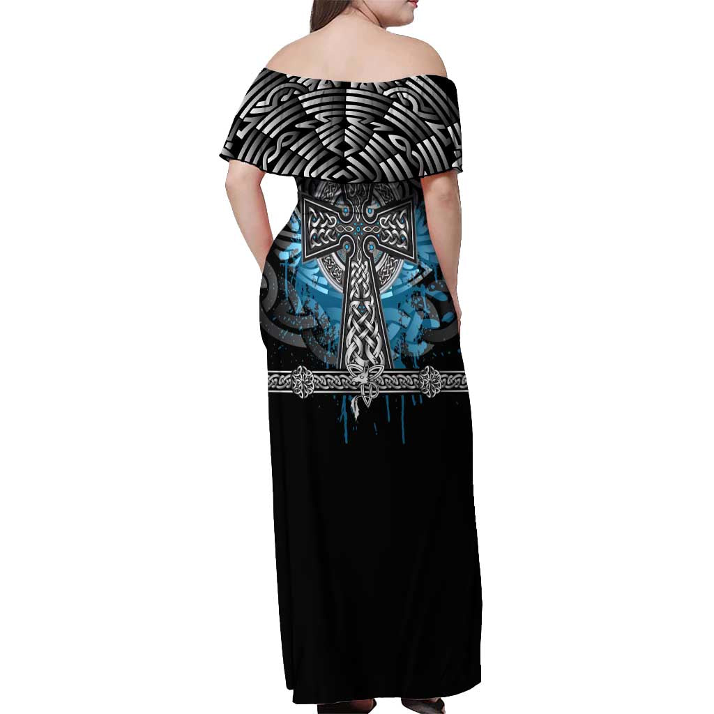 Thor Hammer Viking Off Shoulder Maxi Dress with Celtic Knots and Blue Splatter Norse Heritage Tribute - Wonder Print Shop