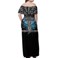 Thor Hammer Viking Off Shoulder Maxi Dress with Celtic Knots and Blue Splatter Norse Heritage Tribute - Wonder Print Shop