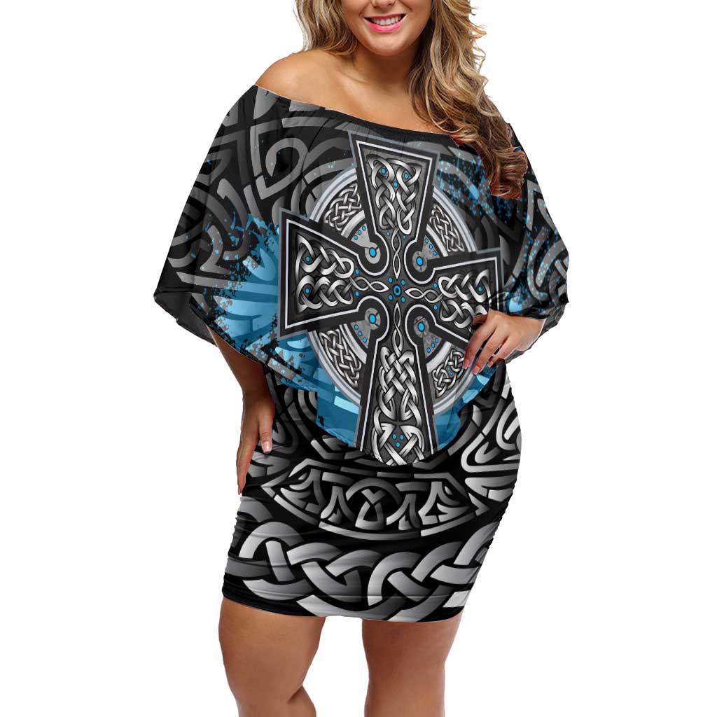 Thor Hammer Viking Off Shoulder Short Dress with Celtic Knots and Blue Splatter Norse Heritage Tribute - Wonder Print Shop