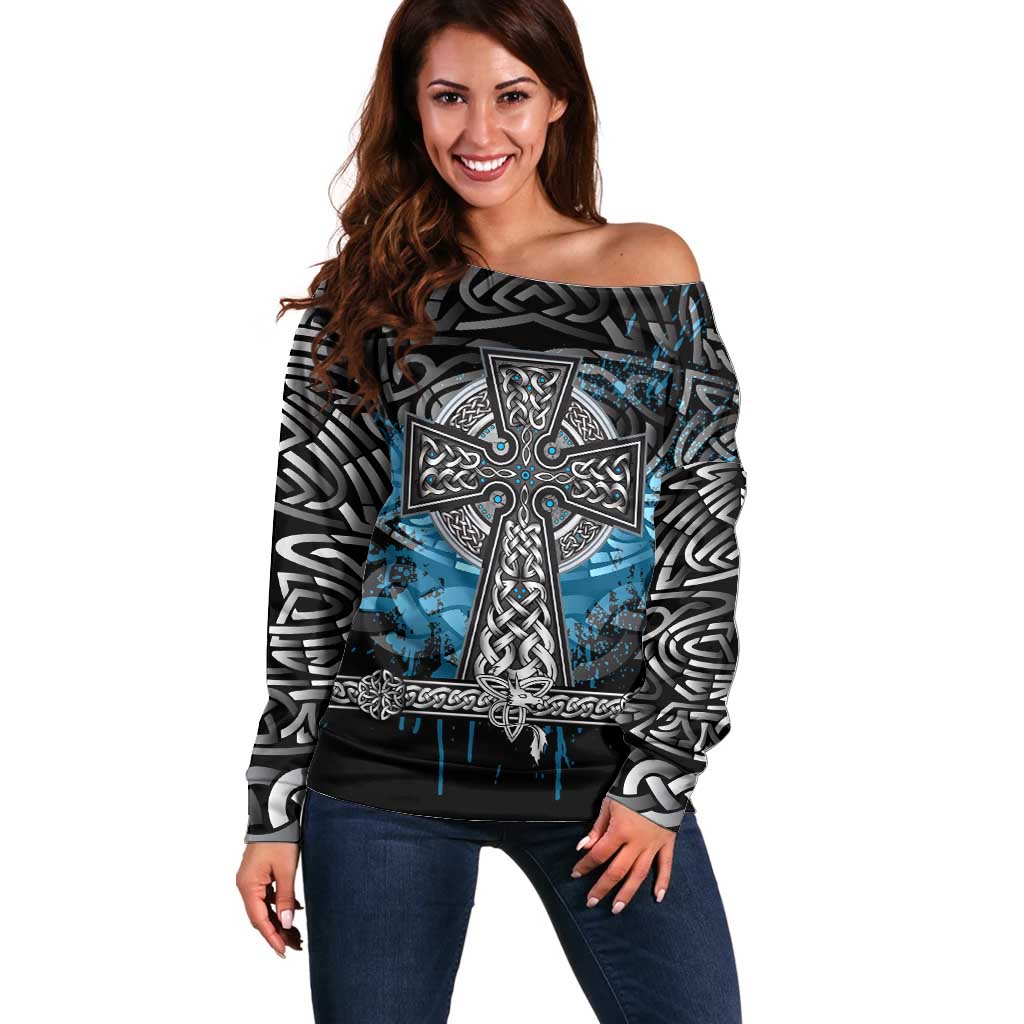 Thor Hammer Viking Off Shoulder Sweater with Celtic Knots and Blue Splatter Norse Heritage Tribute - Wonder Print Shop
