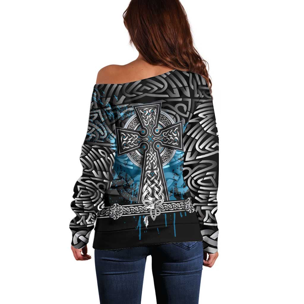 Thor Hammer Viking Off Shoulder Sweater with Celtic Knots and Blue Splatter Norse Heritage Tribute - Wonder Print Shop