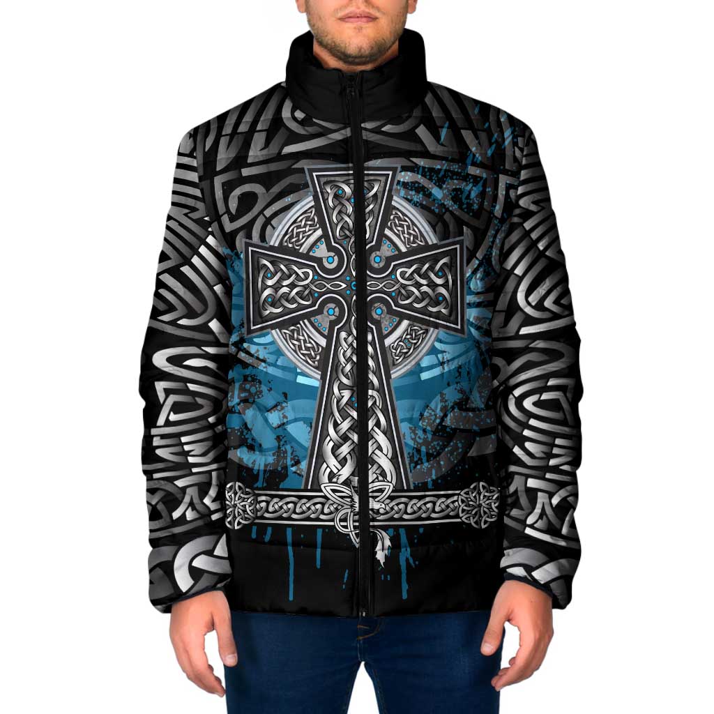 Thor Hammer Viking Padded Jacket with Celtic Knots and Blue Splatter Norse Heritage Tribute - Wonder Print Shop