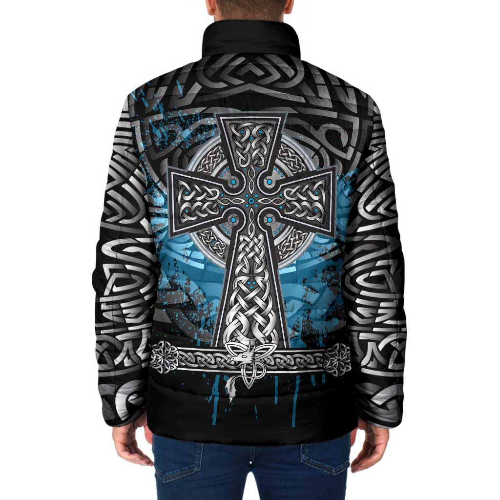 Thor Hammer Viking Padded Jacket with Celtic Knots and Blue Splatter Norse Heritage Tribute - Wonder Print Shop