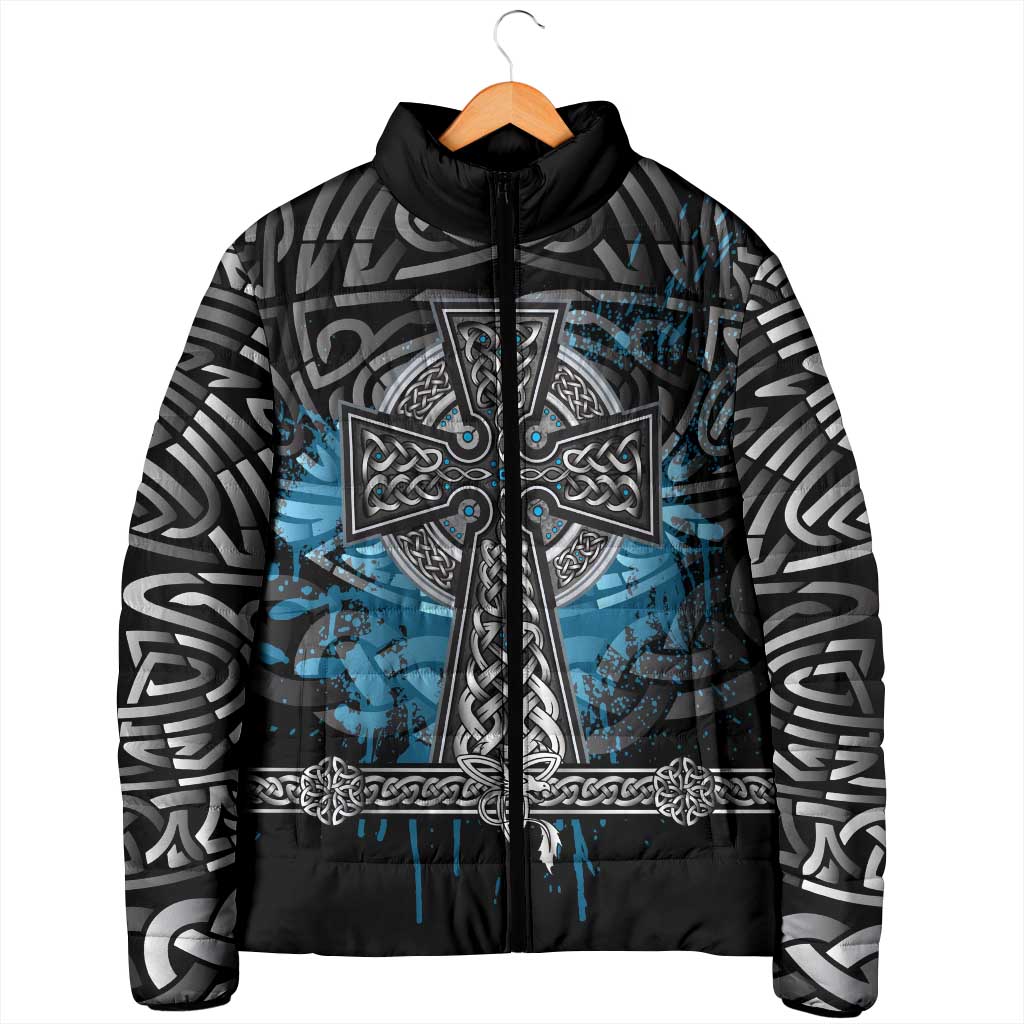 Thor Hammer Viking Padded Jacket with Celtic Knots and Blue Splatter Norse Heritage Tribute - Wonder Print Shop