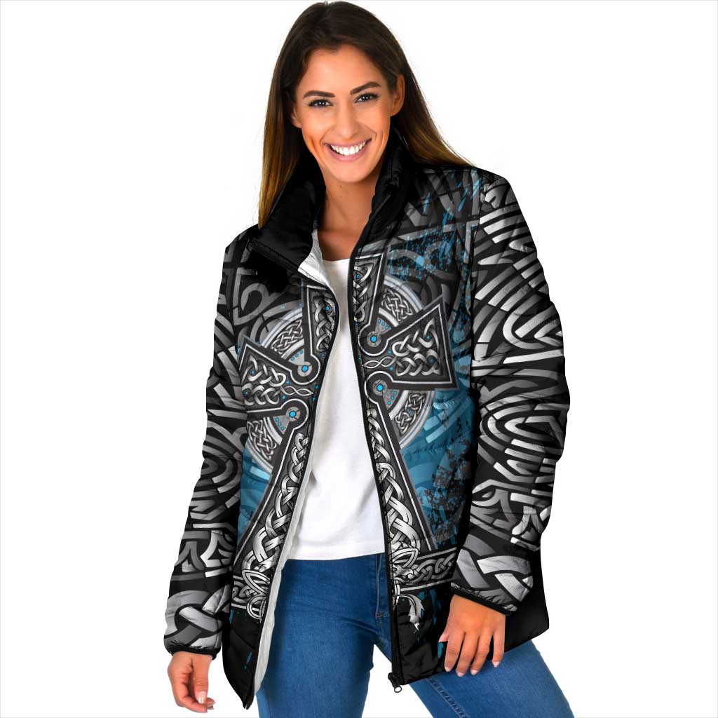 Thor Hammer Viking Padded Jacket with Celtic Knots and Blue Splatter Norse Heritage Tribute - Wonder Print Shop