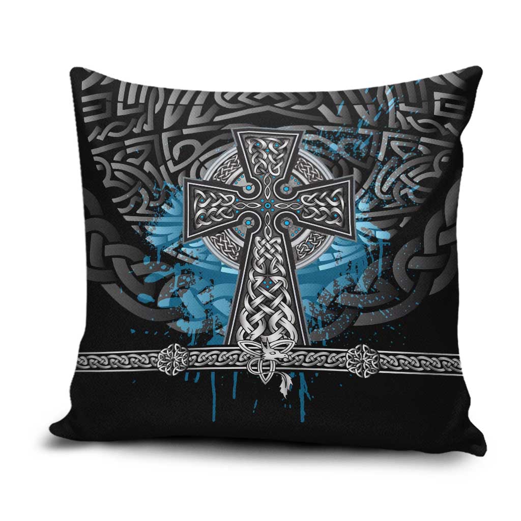 Thor Hammer Viking Pillow Cover with Celtic Knots and Blue Splatter Norse Heritage Tribute - Wonder Print Shop