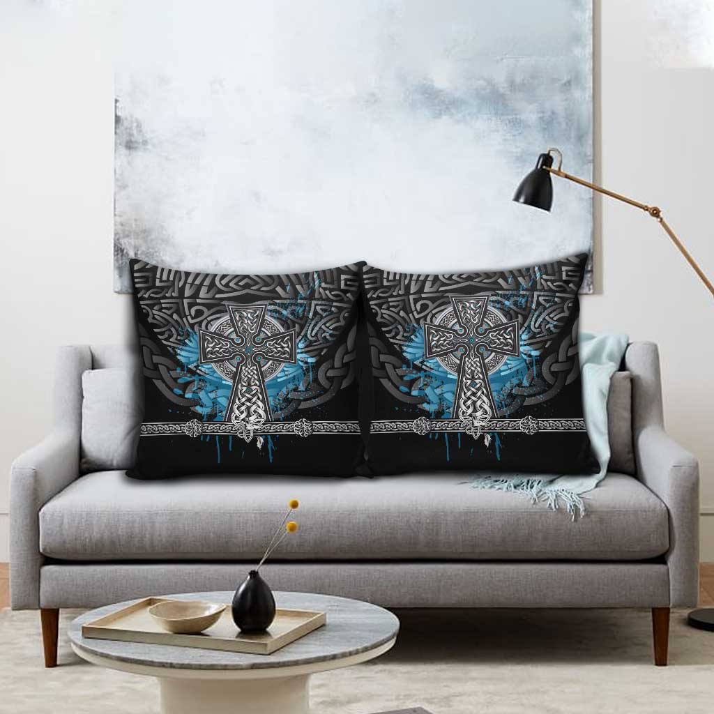 Thor Hammer Viking Pillow Cover with Celtic Knots and Blue Splatter Norse Heritage Tribute - Wonder Print Shop