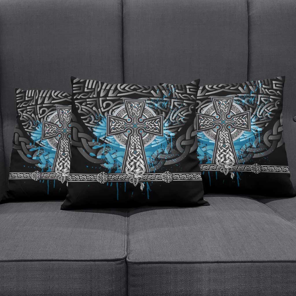 Thor Hammer Viking Pillow Cover with Celtic Knots and Blue Splatter Norse Heritage Tribute - Wonder Print Shop