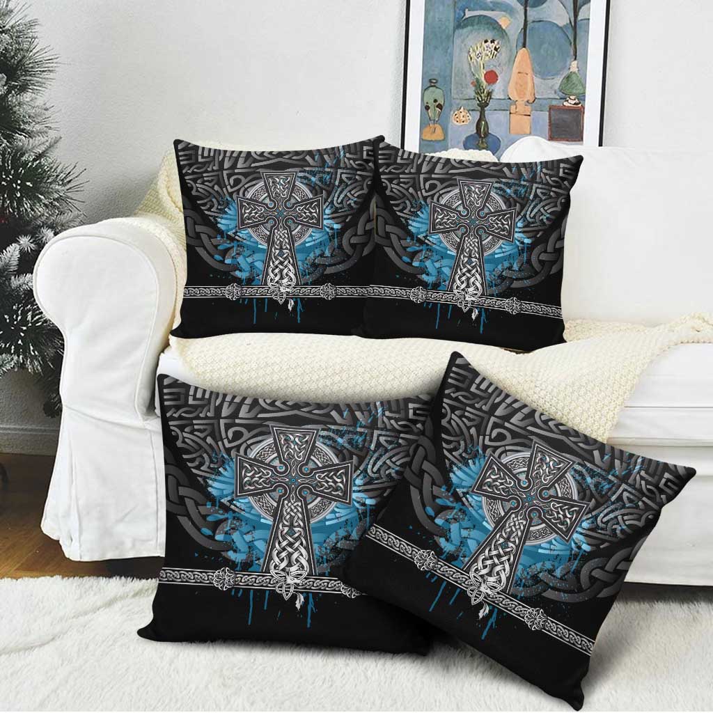 Thor Hammer Viking Pillow Cover with Celtic Knots and Blue Splatter Norse Heritage Tribute - Wonder Print Shop