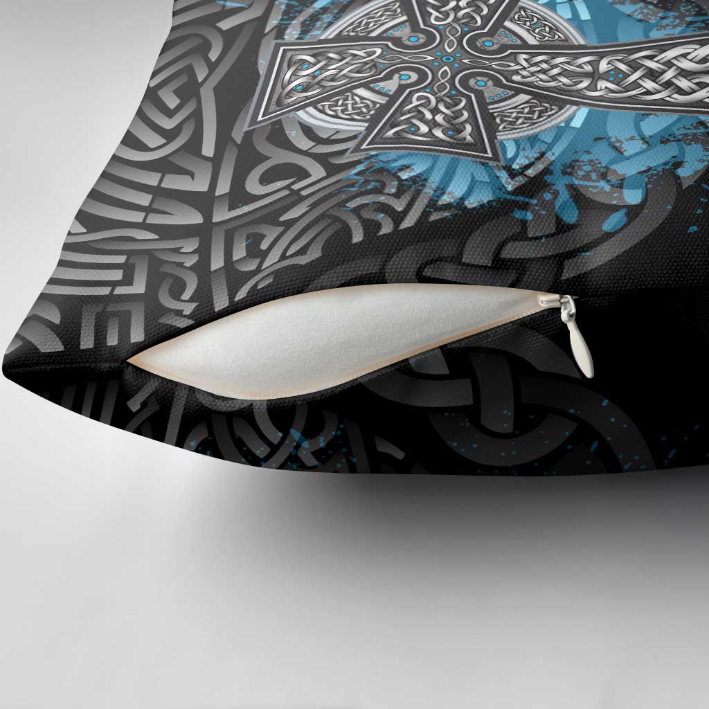 Thor Hammer Viking Pillow Cover with Celtic Knots and Blue Splatter Norse Heritage Tribute - Wonder Print Shop