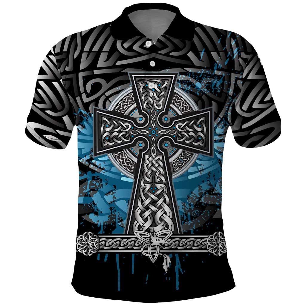 Thor Hammer Viking Polo Shirt with Celtic Knots and Blue Splatter Norse Heritage Tribute - Wonder Print Shop
