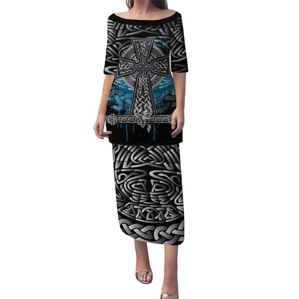 Thor Hammer Viking Puletasi with Celtic Knots and Blue Splatter Norse Heritage Tribute - Wonder Print Shop