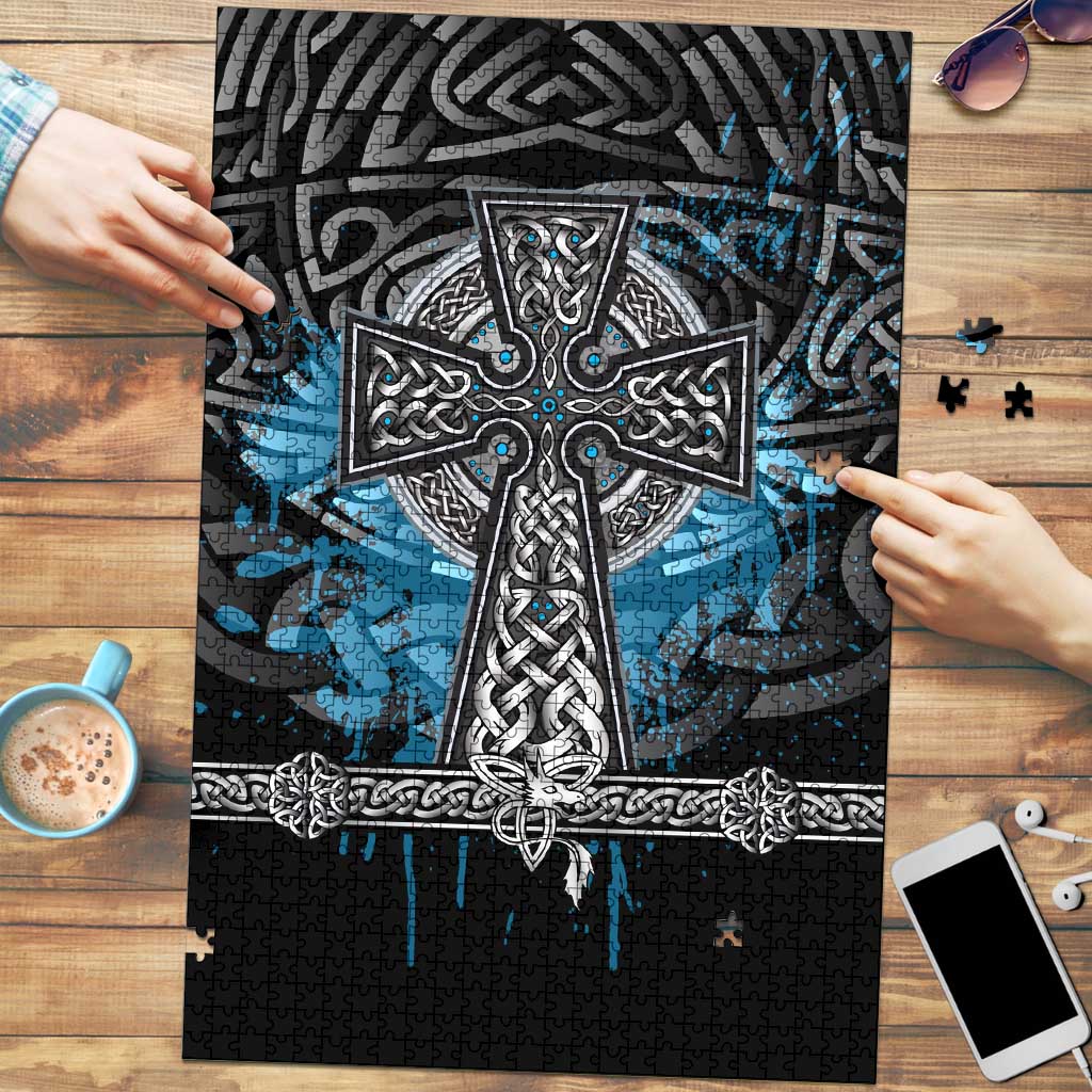Thor Hammer Viking Puzzle with Celtic Knots and Blue Splatter Norse Heritage Tribute - Wonder Print Shop
