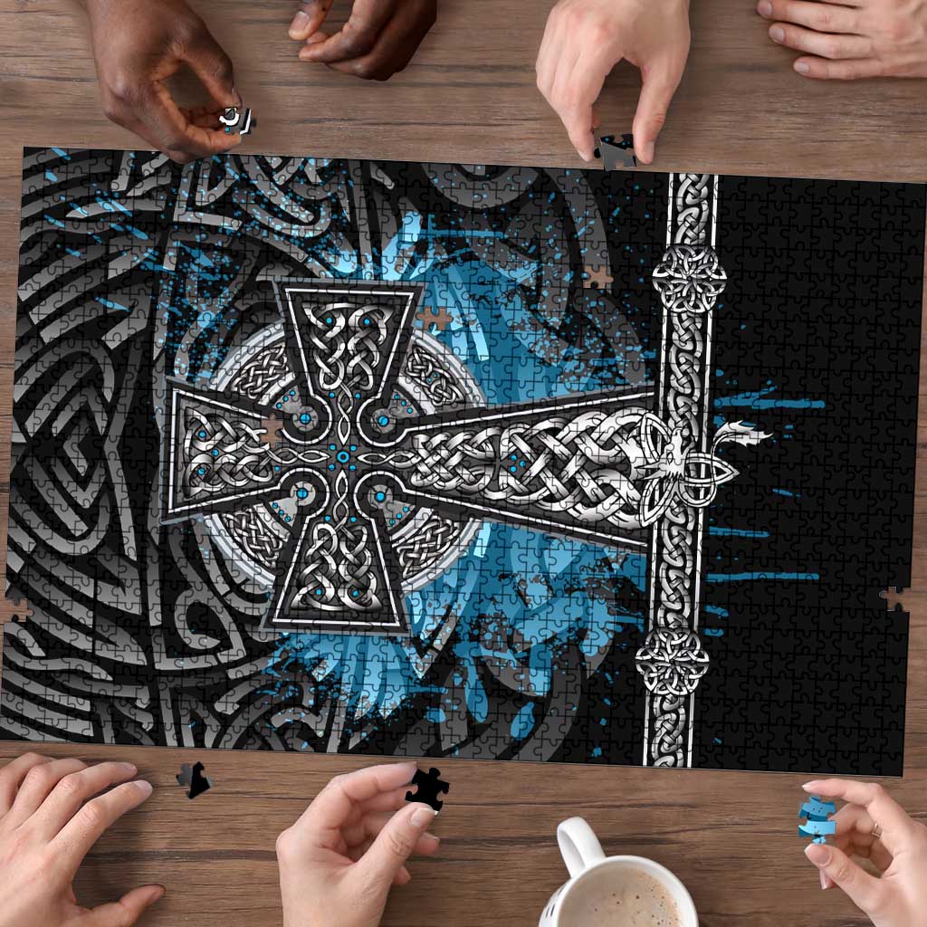 Thor Hammer Viking Puzzle with Celtic Knots and Blue Splatter Norse Heritage Tribute - Wonder Print Shop