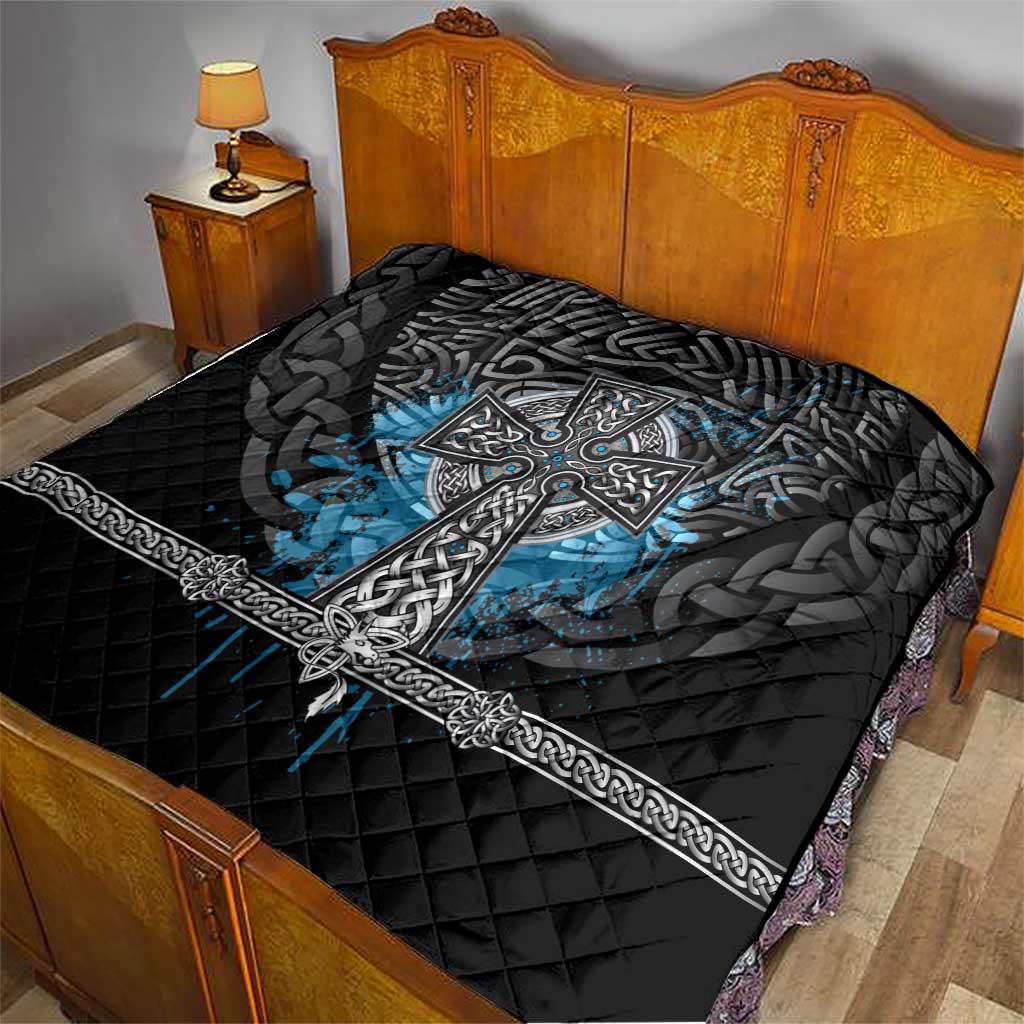 Thor Hammer Viking Quilt with Celtic Knots and Blue Splatter Norse Heritage Tribute - Wonder Print Shop