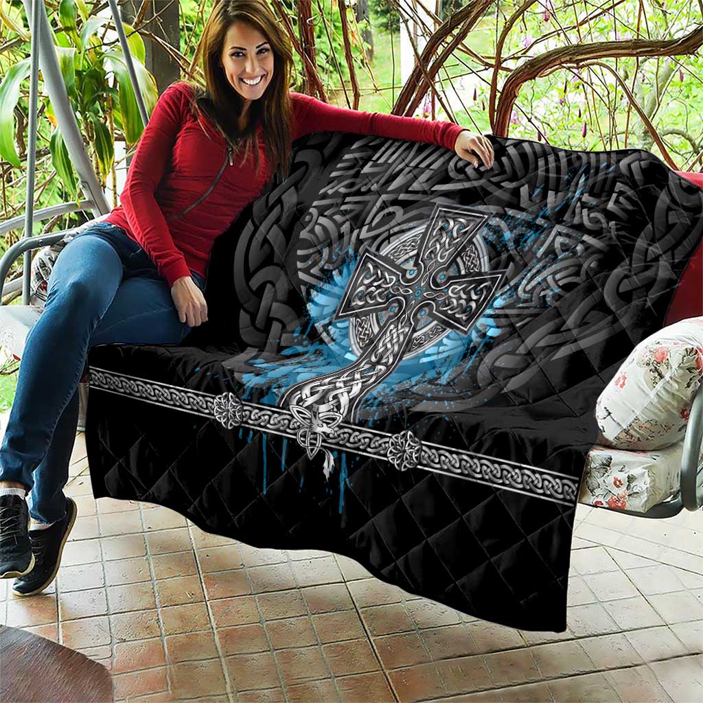 Thor Hammer Viking Quilt with Celtic Knots and Blue Splatter Norse Heritage Tribute - Wonder Print Shop
