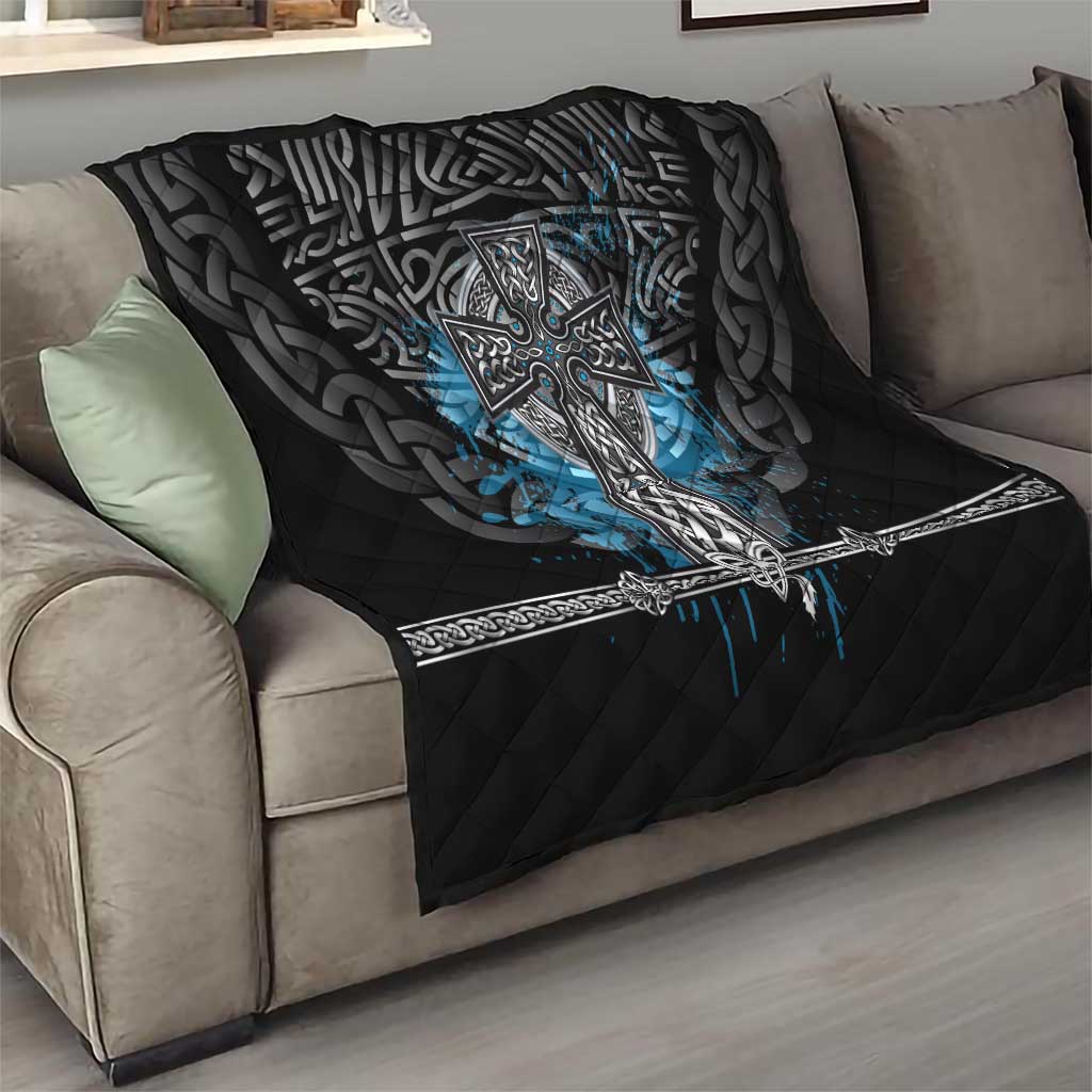 Thor Hammer Viking Quilt with Celtic Knots and Blue Splatter Norse Heritage Tribute - Wonder Print Shop