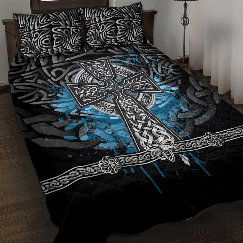 Thor Hammer Viking Quilt Bed Set with Celtic Knots and Blue Splatter Norse Heritage Tribute - Wonder Print Shop