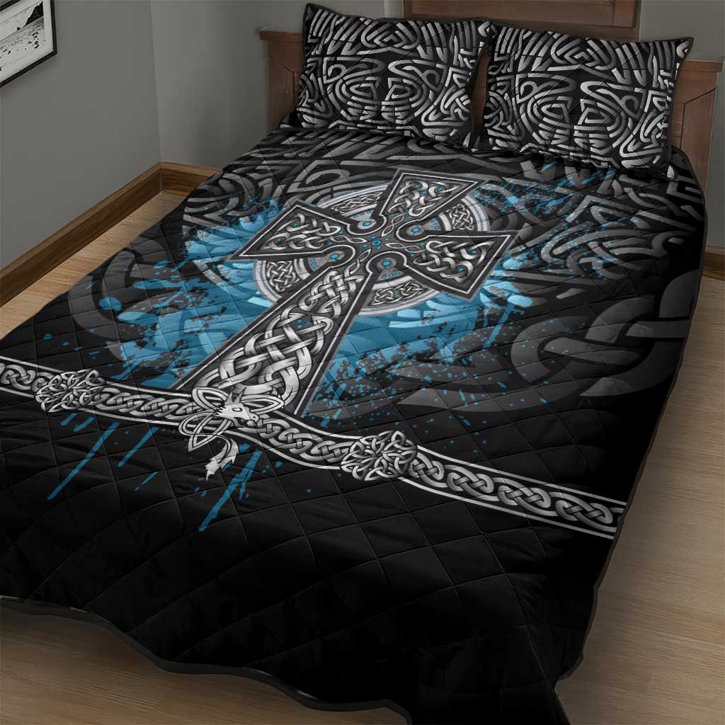 Thor Hammer Viking Quilt Bed Set with Celtic Knots and Blue Splatter Norse Heritage Tribute - Wonder Print Shop