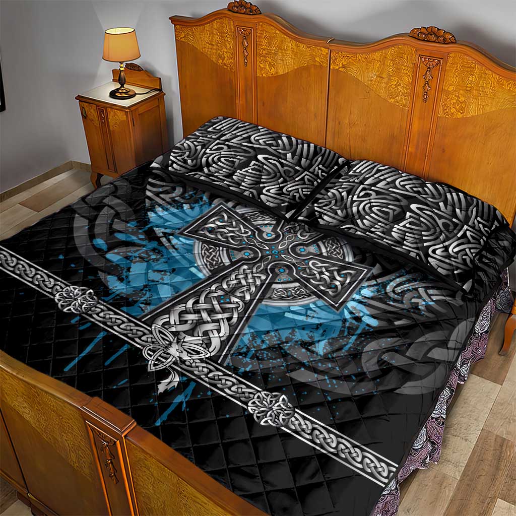 Thor Hammer Viking Quilt Bed Set with Celtic Knots and Blue Splatter Norse Heritage Tribute - Wonder Print Shop