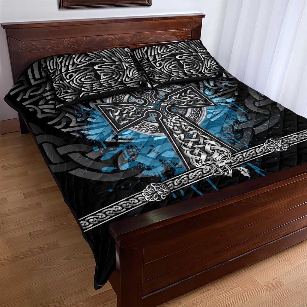 Thor Hammer Viking Quilt Bed Set with Celtic Knots and Blue Splatter Norse Heritage Tribute - Wonder Print Shop