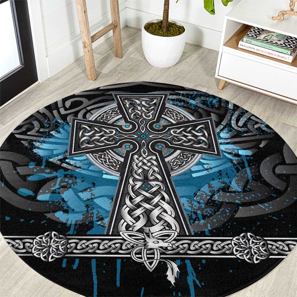 Thor Hammer Viking Round Carpet with Celtic Knots and Blue Splatter Norse Heritage Tribute - Wonder Print Shop