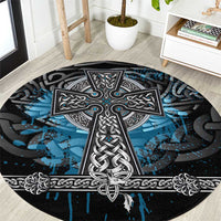 Thor Hammer Viking Round Carpet with Celtic Knots and Blue Splatter Norse Heritage Tribute - Wonder Print Shop