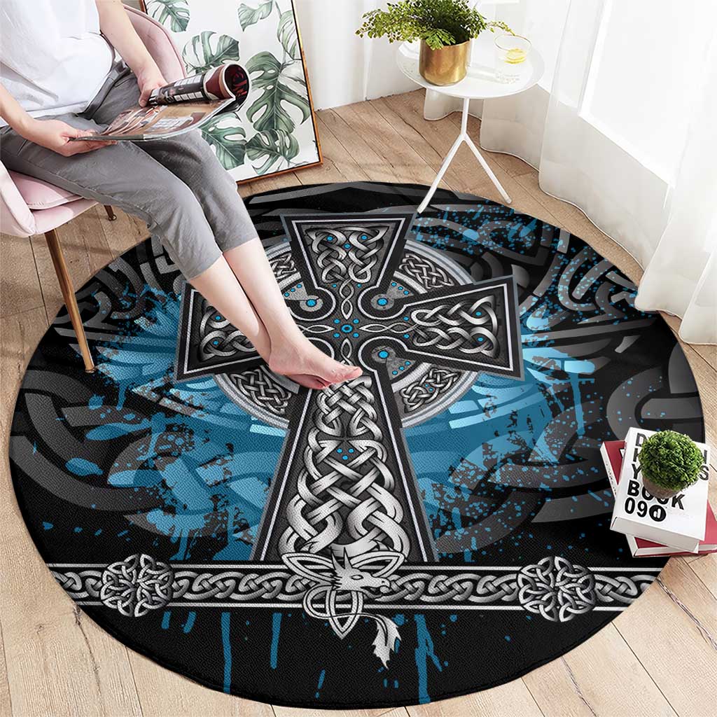 Thor Hammer Viking Round Carpet with Celtic Knots and Blue Splatter Norse Heritage Tribute - Wonder Print Shop