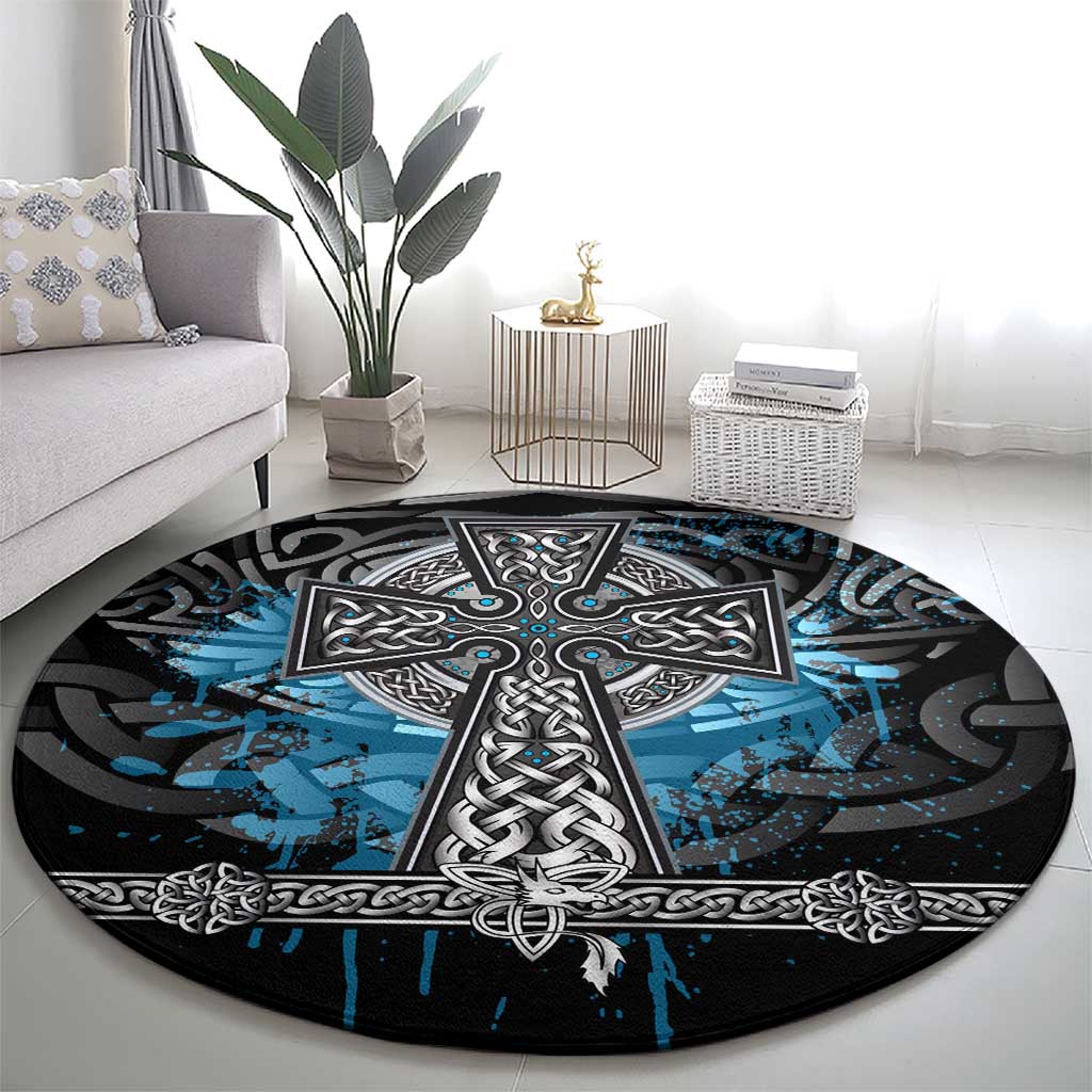 Thor Hammer Viking Round Carpet with Celtic Knots and Blue Splatter Norse Heritage Tribute - Wonder Print Shop