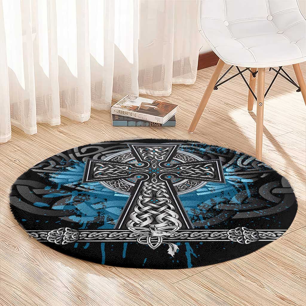 Thor Hammer Viking Round Carpet with Celtic Knots and Blue Splatter Norse Heritage Tribute - Wonder Print Shop