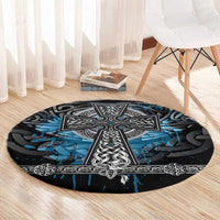 Thor Hammer Viking Round Carpet with Celtic Knots and Blue Splatter Norse Heritage Tribute - Wonder Print Shop