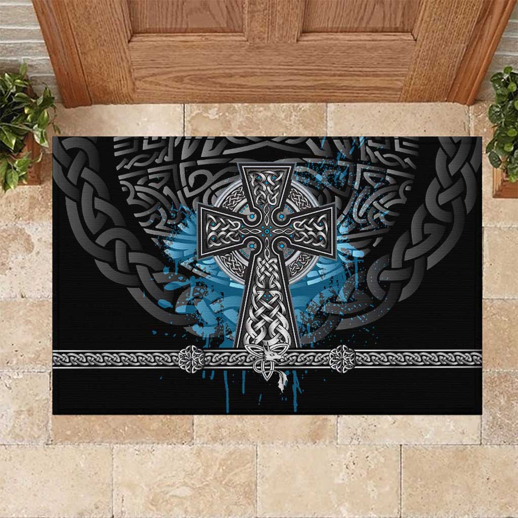 Thor Hammer Viking Rubber Doormat with Celtic Knots and Blue Splatter Norse Heritage Tribute - Wonder Print Shop