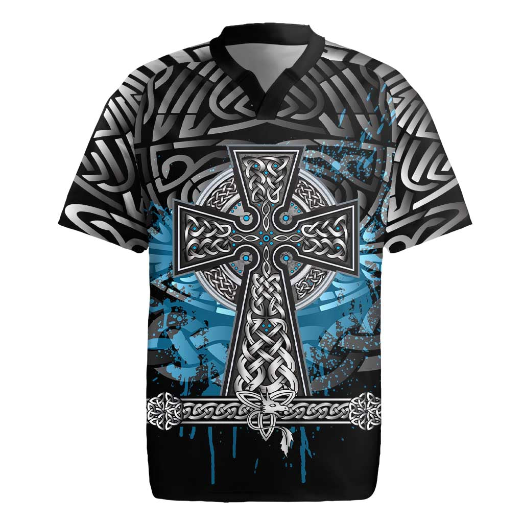 Thor Hammer Viking Rugby Jersey with Celtic Knots and Blue Splatter Norse Heritage Tribute - Wonder Print Shop