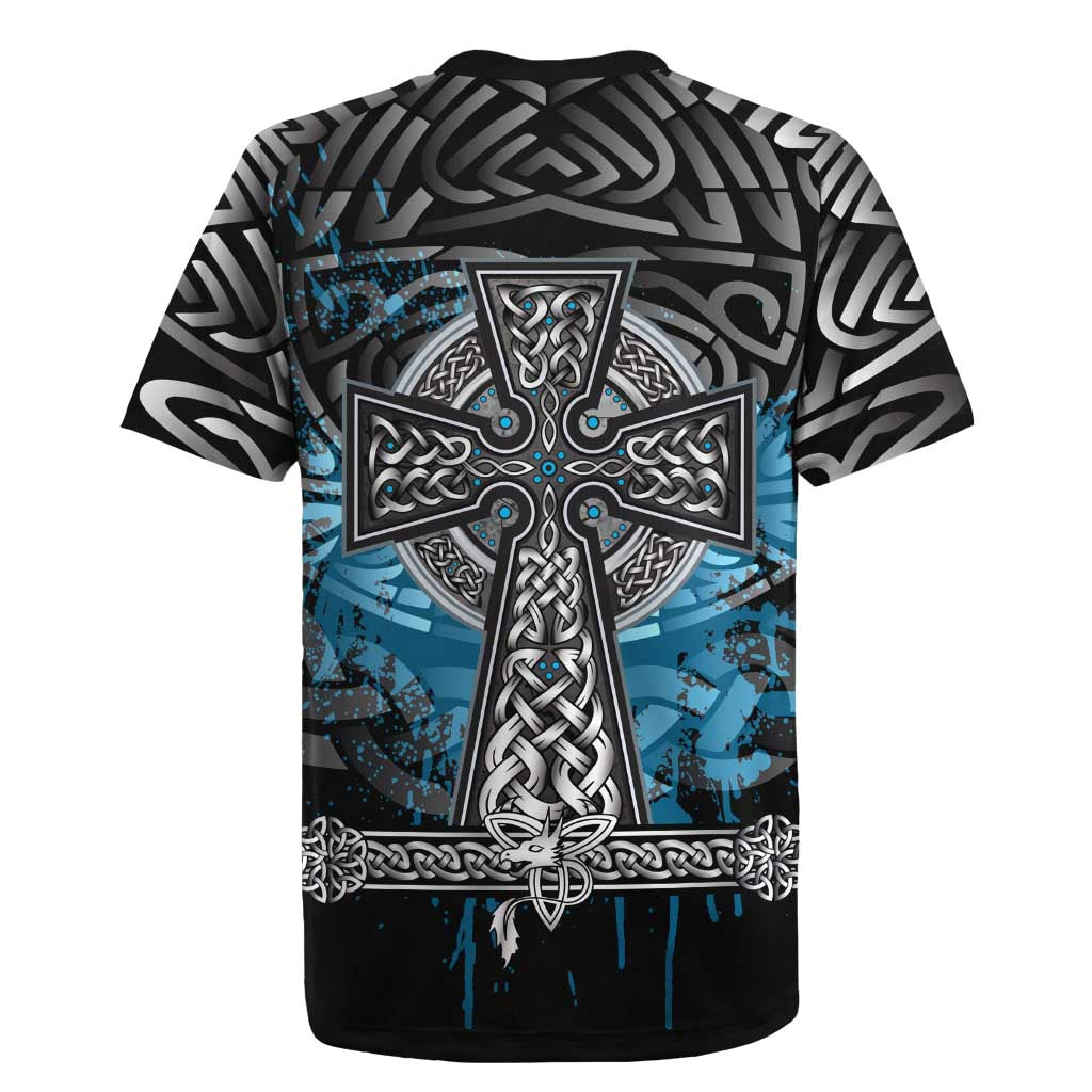 Thor Hammer Viking Rugby Jersey with Celtic Knots and Blue Splatter Norse Heritage Tribute - Wonder Print Shop
