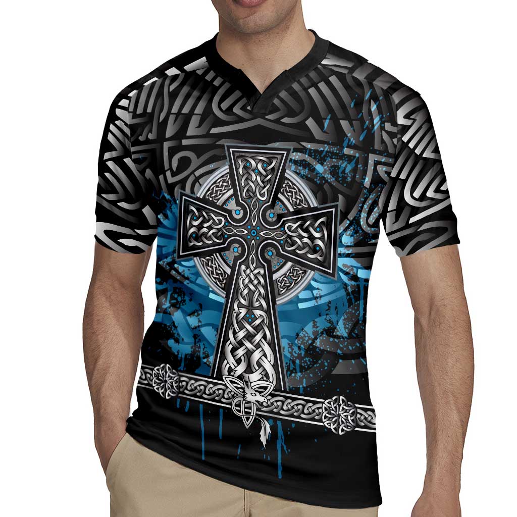 Thor Hammer Viking Rugby Jersey with Celtic Knots and Blue Splatter Norse Heritage Tribute - Wonder Print Shop