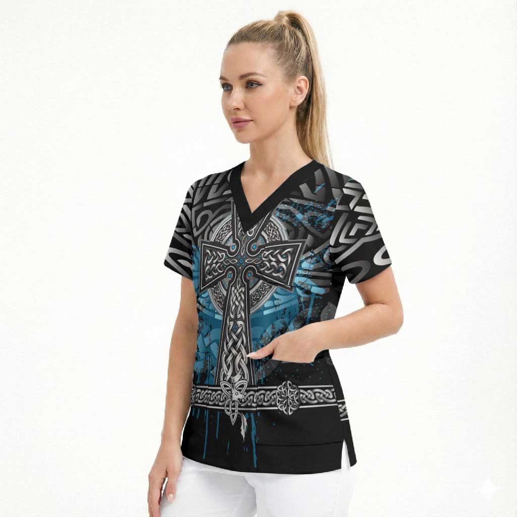 Thor Hammer Viking Scrub Top with Celtic Knots and Blue Splatter Norse Heritage Tribute - Wonder Print Shop