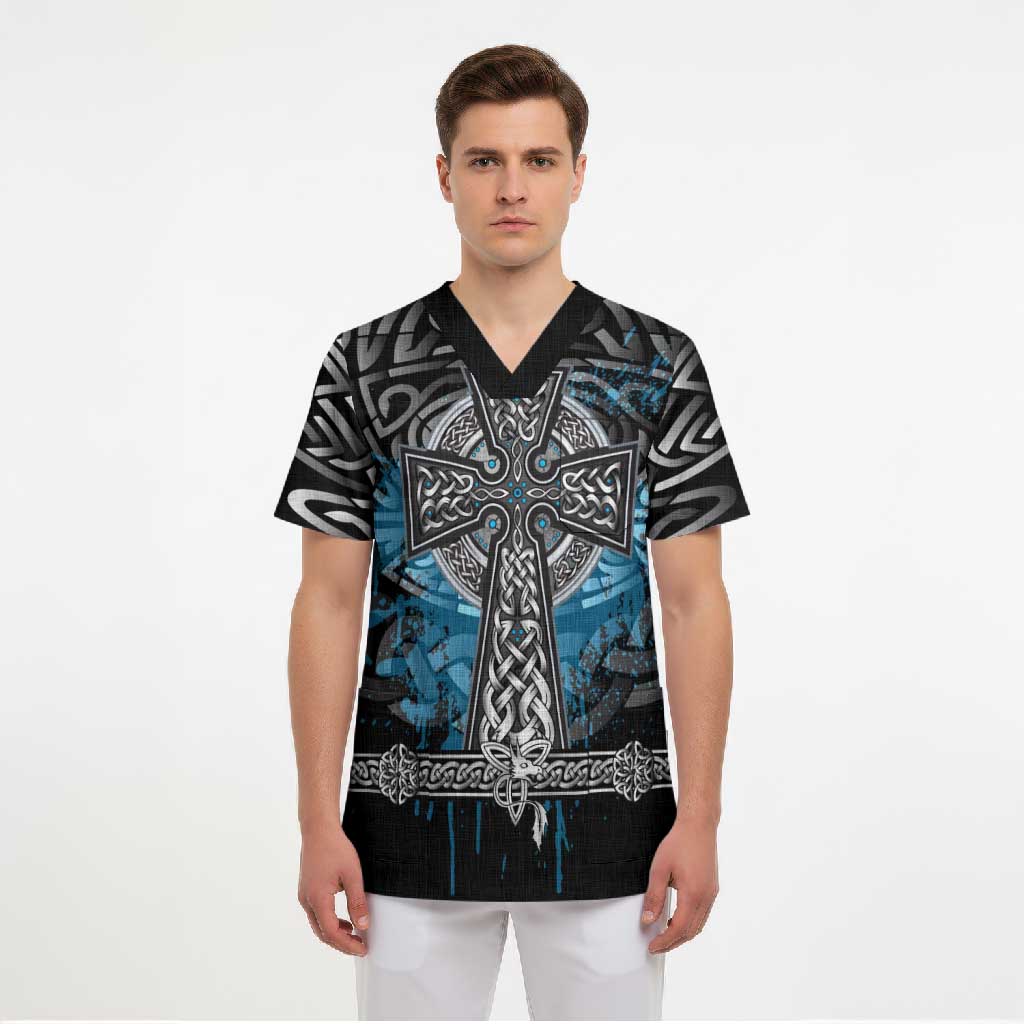 Thor Hammer Viking Scrub Top with Celtic Knots and Blue Splatter Norse Heritage Tribute - Wonder Print Shop