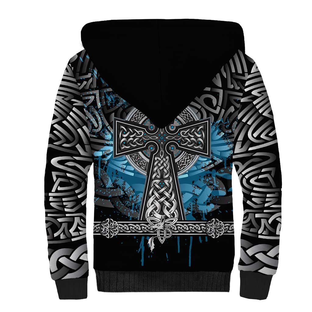 Thor Hammer Viking Sherpa Hoodie with Celtic Knots and Blue Splatter Norse Heritage Tribute - Wonder Print Shop