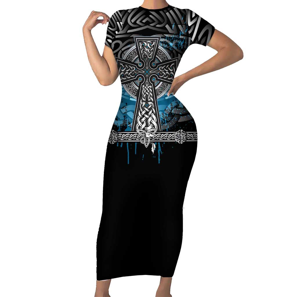Thor Hammer Viking Short Sleeve Bodycon Dress with Celtic Knots and Blue Splatter Norse Heritage Tribute - Wonder Print Shop