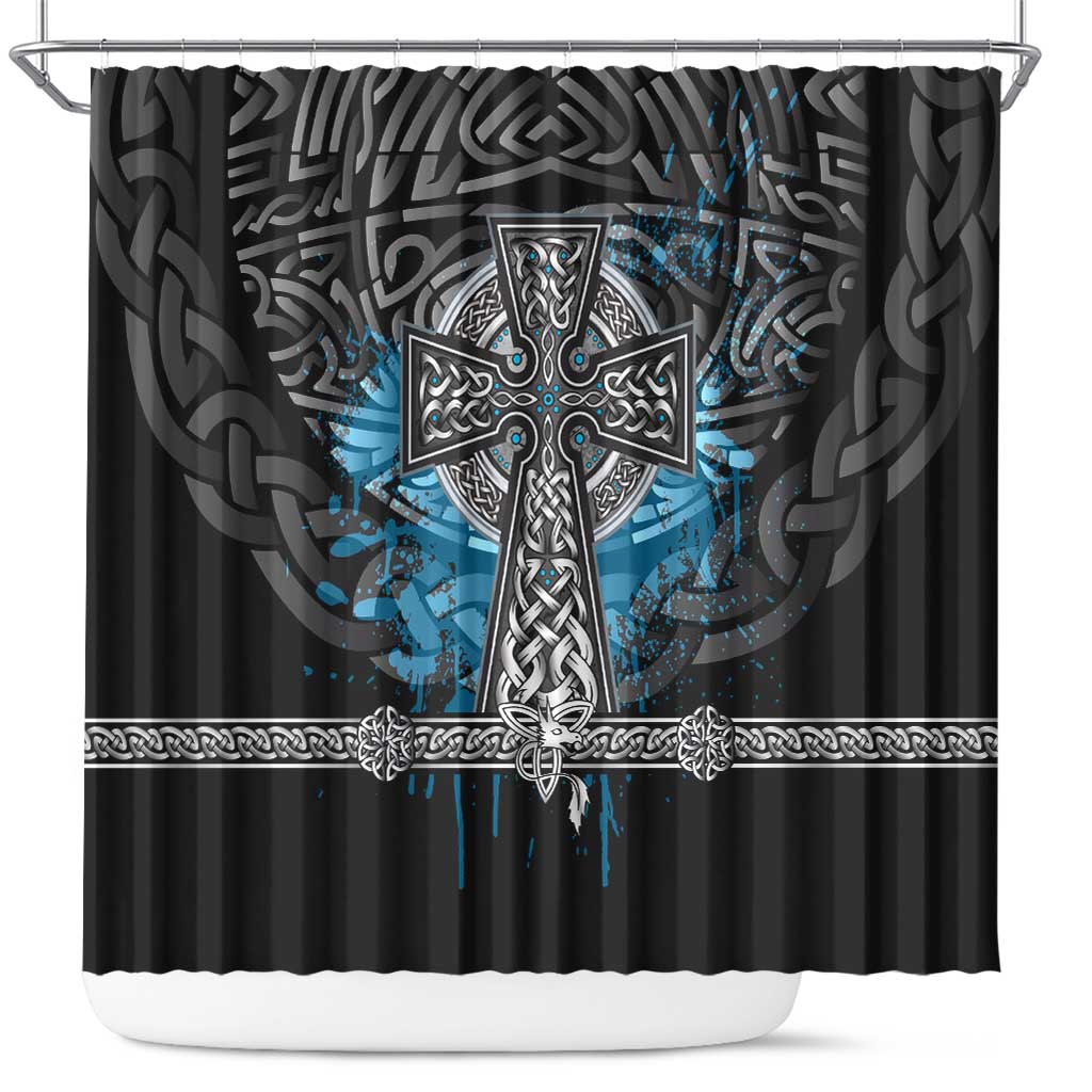 Thor Hammer Viking Shower Curtain with Celtic Knots and Blue Splatter Norse Heritage Tribute - Wonder Print Shop