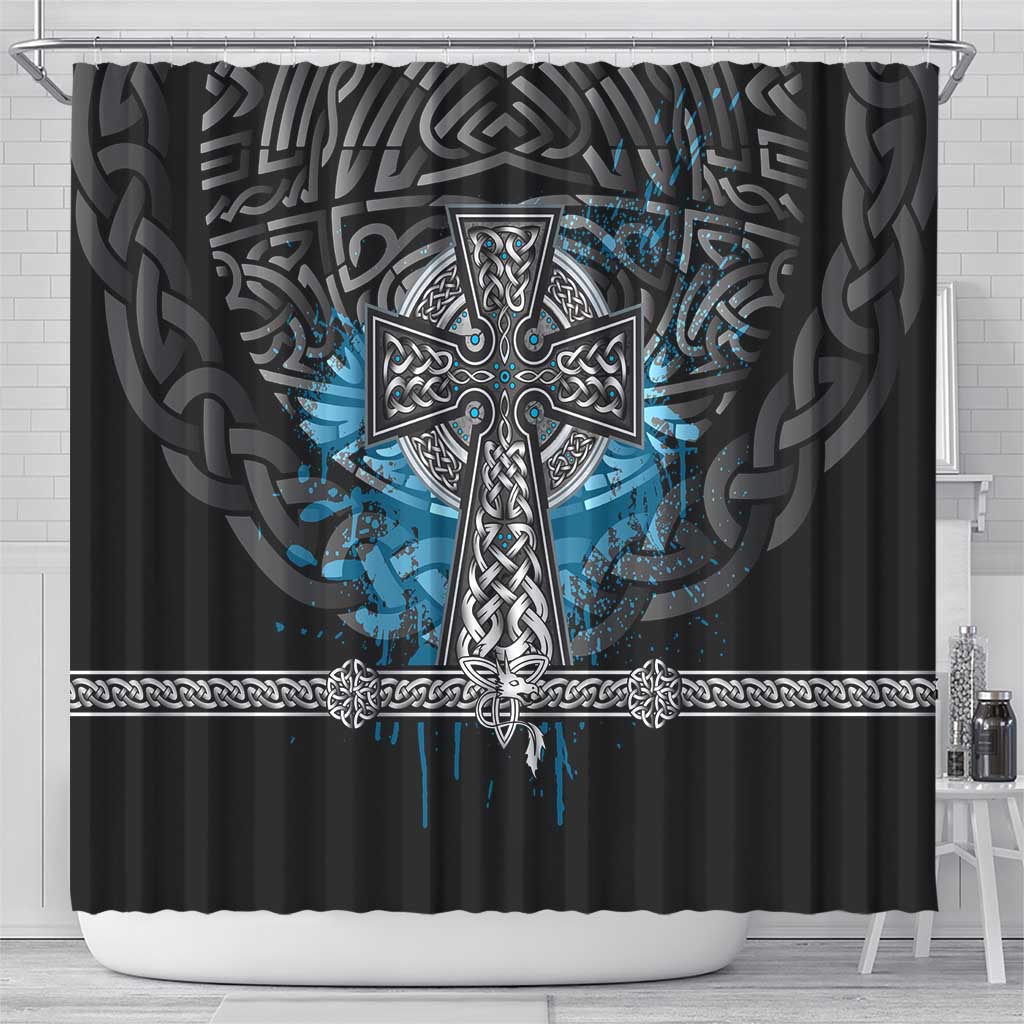 Thor Hammer Viking Shower Curtain with Celtic Knots and Blue Splatter Norse Heritage Tribute - Wonder Print Shop