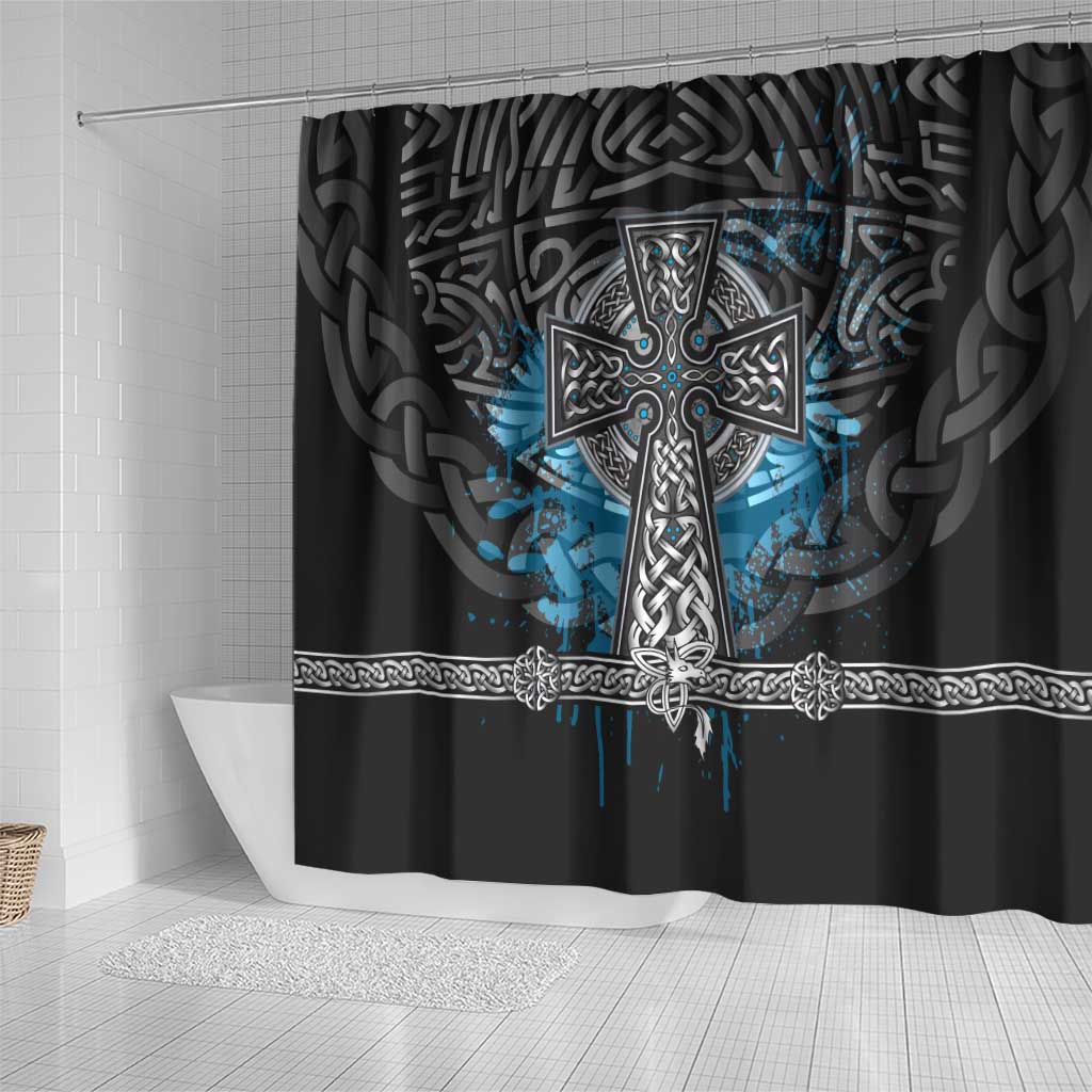 Thor Hammer Viking Shower Curtain with Celtic Knots and Blue Splatter Norse Heritage Tribute - Wonder Print Shop