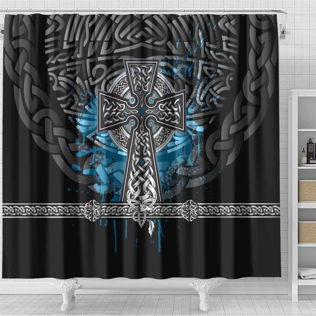 Thor Hammer Viking Shower Curtain with Celtic Knots and Blue Splatter Norse Heritage Tribute - Wonder Print Shop