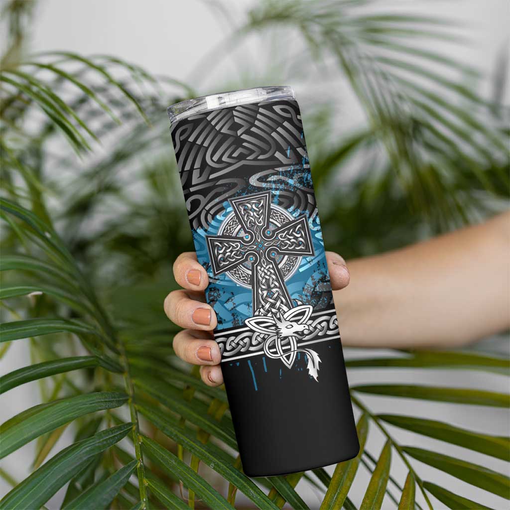 Thor Hammer Viking Skinny Tumbler with Celtic Knots and Blue Splatter Norse Heritage Tribute - Wonder Print Shop